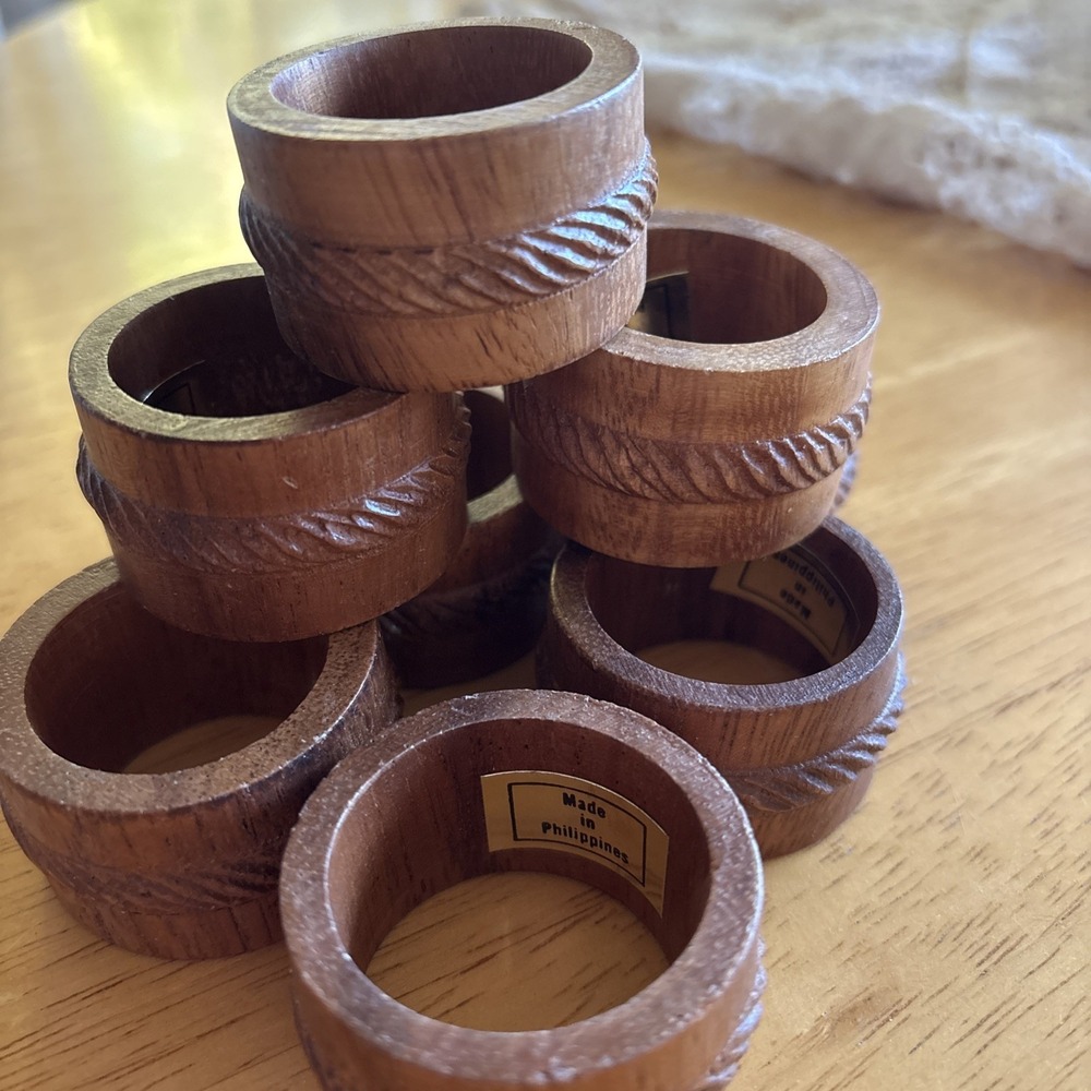 Vintage Hand Carved Teakwood Napkin Rings Made in Philippines Set Of 8